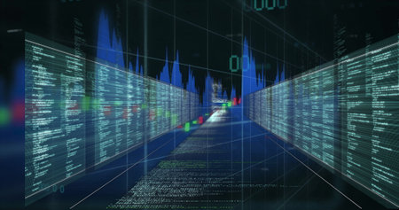 Extending data corridor receding in virtual tunnel, with code panels, candlestick bars, waveforms....