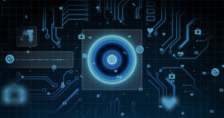 Glowing central holographic interface hovering over blue grid with neon circuitry and medical icons....
