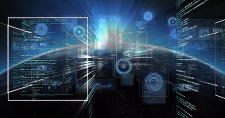 Displaying central holographic panel streaming code in cyberspace tunnel, with glowing nodes....