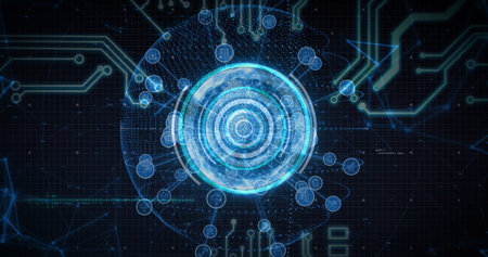 Displaying holographic circular interface and network nodes over grid, with dotted lines and traces....