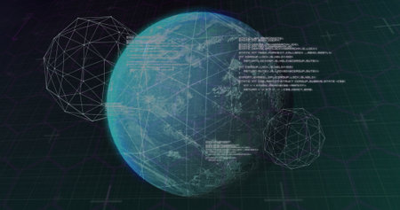 Rotating blue-green Earth globe at green grid plane, with wireframe spheres and code-text blocks....