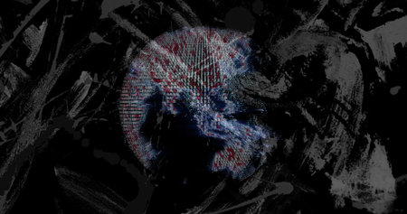 Floating glowing digital sphere rotating within abstract background, with grey brushstroke textures. Futuristic, digital, abstract, glowing, textured, motion, depthの写真素材