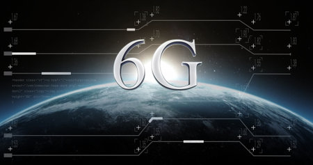 Floating metallic 6G text hovering above Earth horizon at dawn, with digital HUD overlays. Planet,...