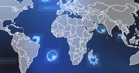 Displaying white-outlined world map with holographic panels, grid overlays on futuristic dashboard....