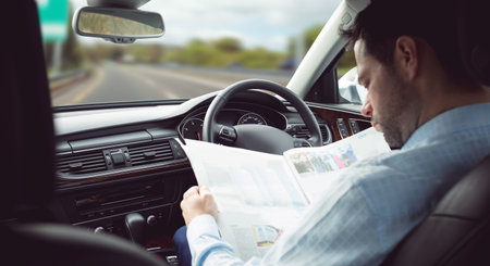 Man sitting in car and looking at road mapの写真素材