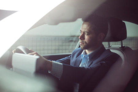 Flat design illustration is showing driver sitting in car, holding steering wheel, tunnel barrier....