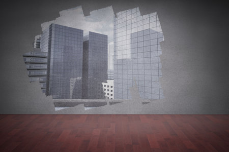 Display on wall showing city viewの写真素材