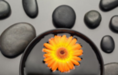 Directly above shot of orange flower floating in bowl by pebbles on tableの写真素材
