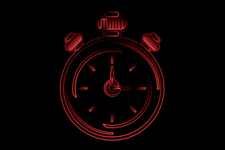 Glowing red neon stopwatch is resting on solid black background and showcasing neon signage effect....