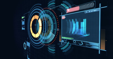 Digitally generated image of volume knob with graphical data over black background