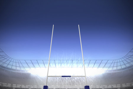 Showing white metal goalposts in flat design stadium at dusk under floodlights glass-steel canopy. Sports, architecture, urban, modern, lighting, infrastructure, leisureの写真素材