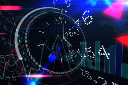 Dashboard HUD dial is displaying red, cyan line graphs, teal bars, map overlay in flat vector....