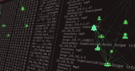 Neon graph icons glowing on dark UI, with logs, bell, thumbs-up and user silhouettes, copy space....