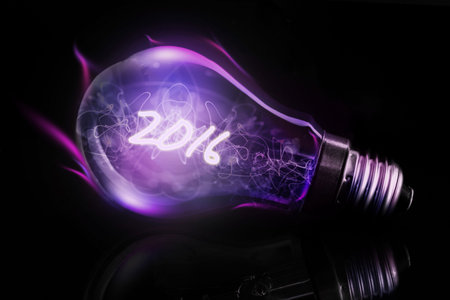 3D render is showing bulb lying on glossy black base, glowing 2016 filament, swirling purple trails. Electronics, lighting, glow, illumination, futuristic, technology, reflectionの写真素材