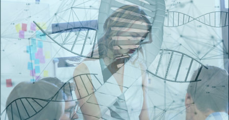 Leading researcher guiding team around table in room, with DNA overlay and whiteboard sticky notes. Collaboration, innovation, teamwork, science, technology, modern, professionalの写真素材