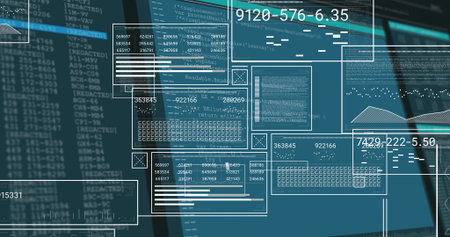 Translucent UI windows displaying code, data tables and line chart over dual monitors at desk....