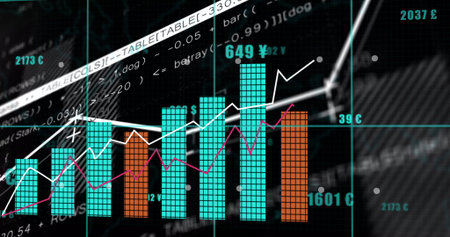 Displaying bar charts with overlaid pink and white trend lines in financial dashboard. Analytics,...