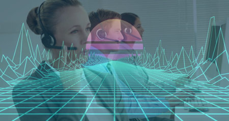 Operating headsets, call center staff typing on keyboards at office desks with neon data overlay....