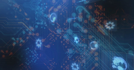 Displaying abstract network pattern in security panel, with circuit traces skull icons Earth map....