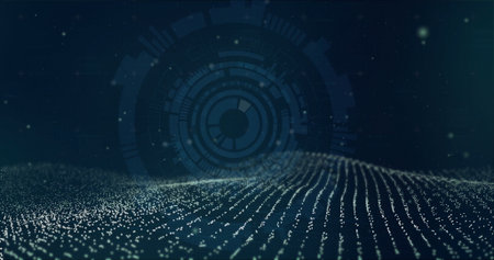 Forming glowing data point waves across digital landscape with circular HUD and light particles....
