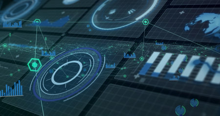 Displaying floating holographic circular radar-like UI component in data dashboard, with bar graphs....