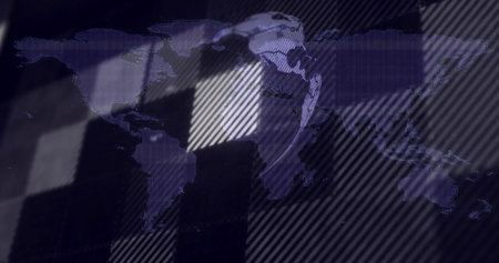 Displaying world map silhouettes on interface, with grid lines, diagonal stripes and glitch blocks....