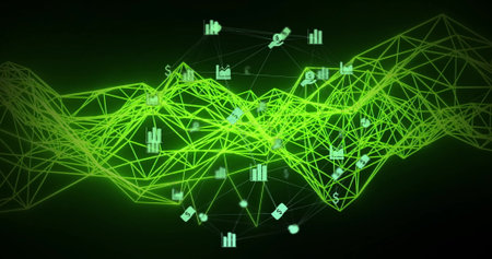 Displaying neon green wireframe mesh undulating in data display, with floating finance icons. Technology, innovation, digital, futuristic, data analysis, networking, visualizationの写真素材