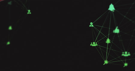 Displaying green profile, group, bell and magnifier icons with network lines on screen, copy space....