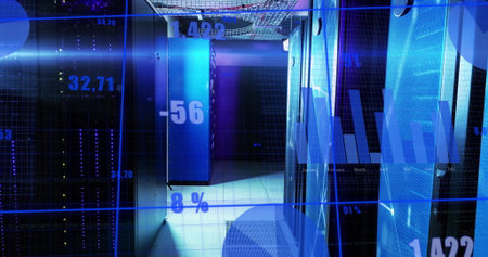 Displaying server rack cabinets glowing with blue LEDs in data center room, with digital bar charts....