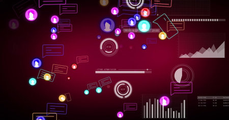 Presenting avatar icons and chat bubbles in virtual dashboard, with bar charts and circular timers. Digital interface, data analytics, visualization, network communication, modern design, user engagement, infographicの写真素材