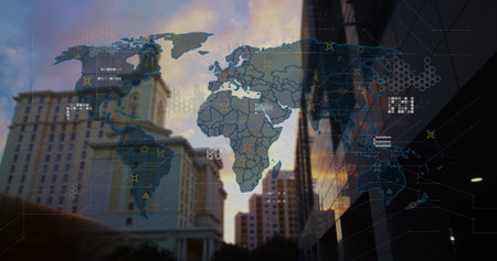 Displaying digital map overlay linking nodes over city skyline at sunset, showing architecture....