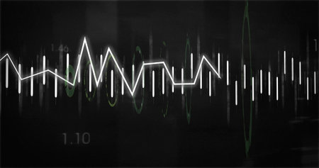 Displaying white jagged waveform intersecting vertical white bars on interface, with green loops. Futuristic, digital, technology, interface, innovation, high-tech, abstractの写真素材