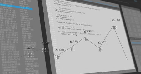 Displaying workspace monitor showing code editor with line graph markers beside list and log panels....