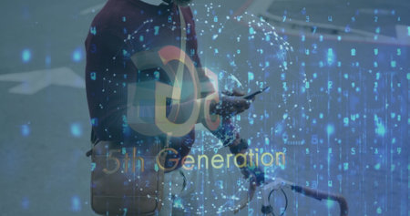Checking smartphone commuter standing next to bicycle on sidewalk showing 5th Generation overlay. Urban, transportation, connectivity, technology, lifestyle, modern, digitalの写真素材