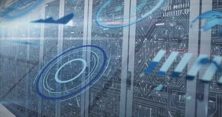 Glowing rack servers revealing circuit board art in data center corridor, with holographic rings....