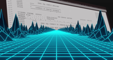 Neon blue wireframe grid showing triangular spikes in virtual interface, with SQL console commands....