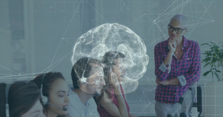 Projecting holographic brain network hovering above call center agents at office, with headsets....
