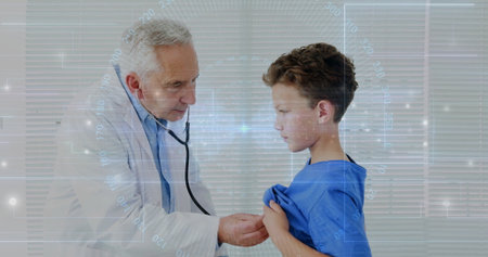 Listening doctor wearing lab coat examining boy in clinic with stethoscope blinds and chart overlay. Medical, healthcare, examination, clinical, professional, diagnostic, technologyの写真素材