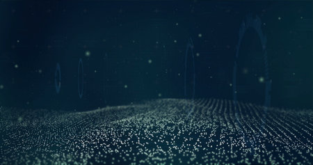 Rippling wave-like field of glowing dots flowing in digital matrix, with faint rings. Abstract, futuristic, technology, digital, science, cyber, motionの写真素材