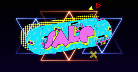 Displaying bold pink SALE text on panel glowing amid neon triangles on black, with boombox icons....