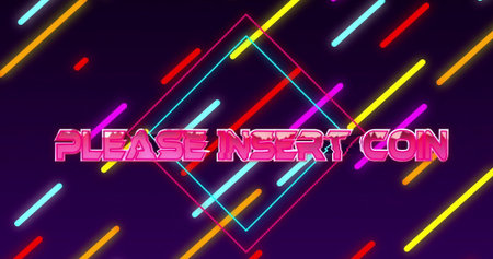 Displaying neon text PLEASE INSERT COIN on gradient backdrop with glowing diamonds, neon bars. Cyberpunk, futuristic, glowing, vibrant, retro, digital art, arcadeの写真素材