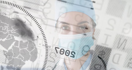 Presenting surgeon wearing scrubs, surgical cap and face mask in digital interface, with overlays....