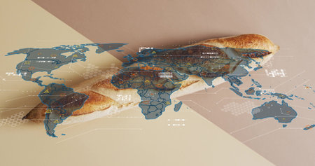 Showing crusty French baguette lying diagonally in studio, with holographic map overlay. Bread,...
