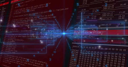 Radiating central glowing node streaming data across security interface, with code lines, hex dumps. Cybersecurity, data, encryption, digital, technology, interface, visualizationの写真素材