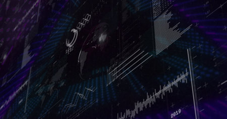 Displaying holographic 3D globe floating on dashboard, with numeric overlays line charts bar graphs....
