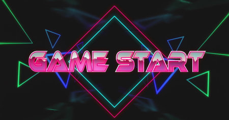 Displaying neon pink GAME START over neon diamond triangles with smoky accents on arcade screen....