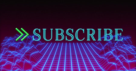 Neon cyan SUBSCRIBE text hovering in blue wireframe grid, with green chevrons, magenta waves, stars. Futuristic, cyberpunk, digital, neon, virtual, technology, dynamicの写真素材