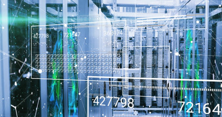 Extending server rack rows down data center corridor, with data cables and digital overlays....