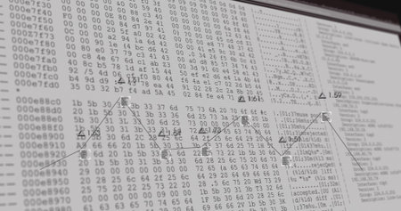 Displaying graph with triangular and square icons moving across monitor hex dump, with ASCII column....