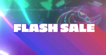 Displaying bold FLASH SALE text over neon beams, gradient stripes on graphic backdrop with flares. Digital art, marketing, vibrant, futuristic, abstract, energetic, promotionalの写真素材